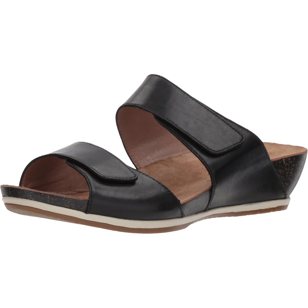 Dansko Vienna Black Leather Adjustable Two Strap Cork Wedge Sandal EU 41 US 10.5